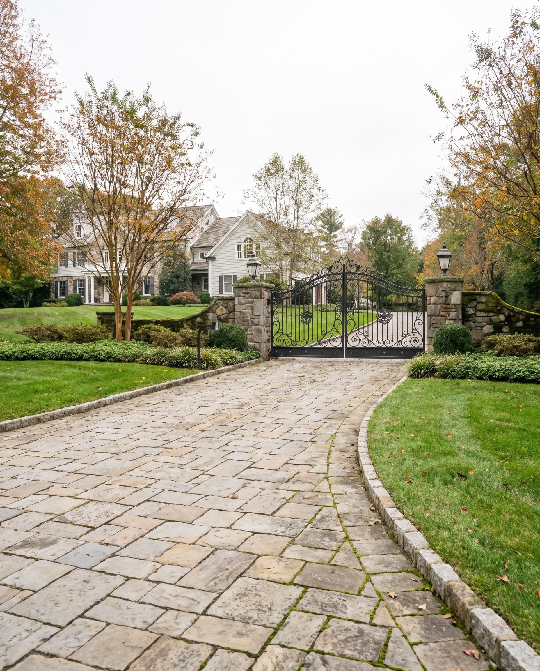 Stone paver driveway and wrought iron entry gate, representative of Fernando Masonry hardscape work